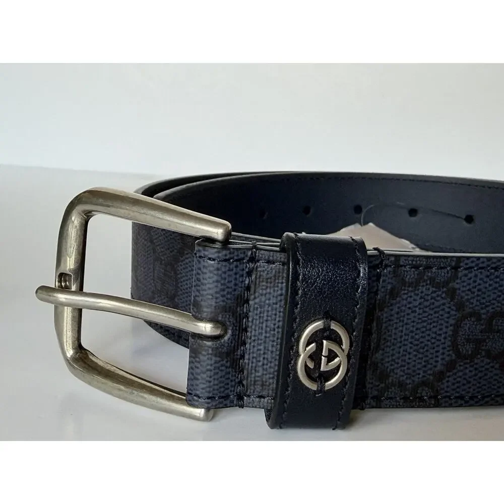 Gucci Interlocking GG Supreme Details Leather Belt Blue/Black 115/46 673921 NWT